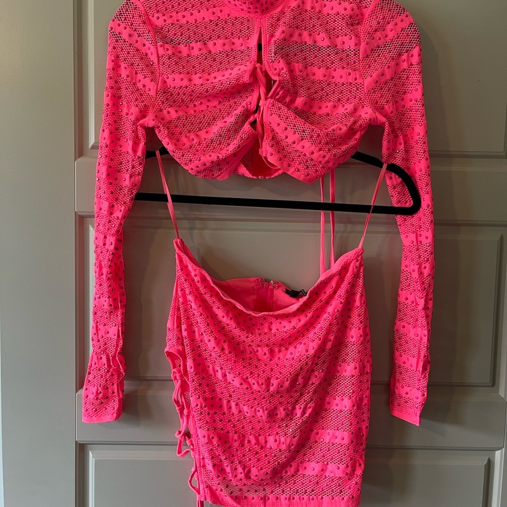 Pink two piece mesh cut out dress